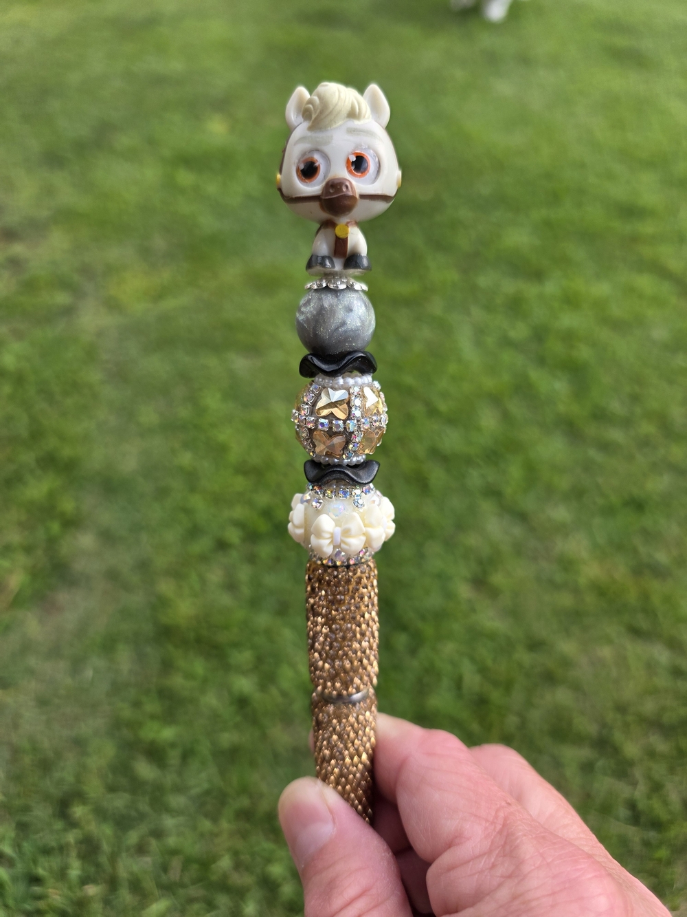 Beaded Charm Pen with Whimsical Animal Top - Gold & Ivory